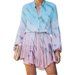 Clarisbelle Women’s Long Sleeve Button Up Tie Waist Chiffon Dress Tie Dye Sz XL